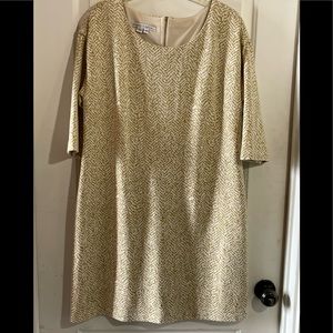Maggy London Metallic Gold and Beige Shift Dress Exposed Gold Zipper, Lined